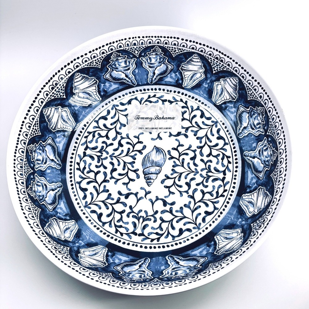 Tommy Bahama Melamine Serving Salad Bowl 13" Blue White Seashell Medallion NEW